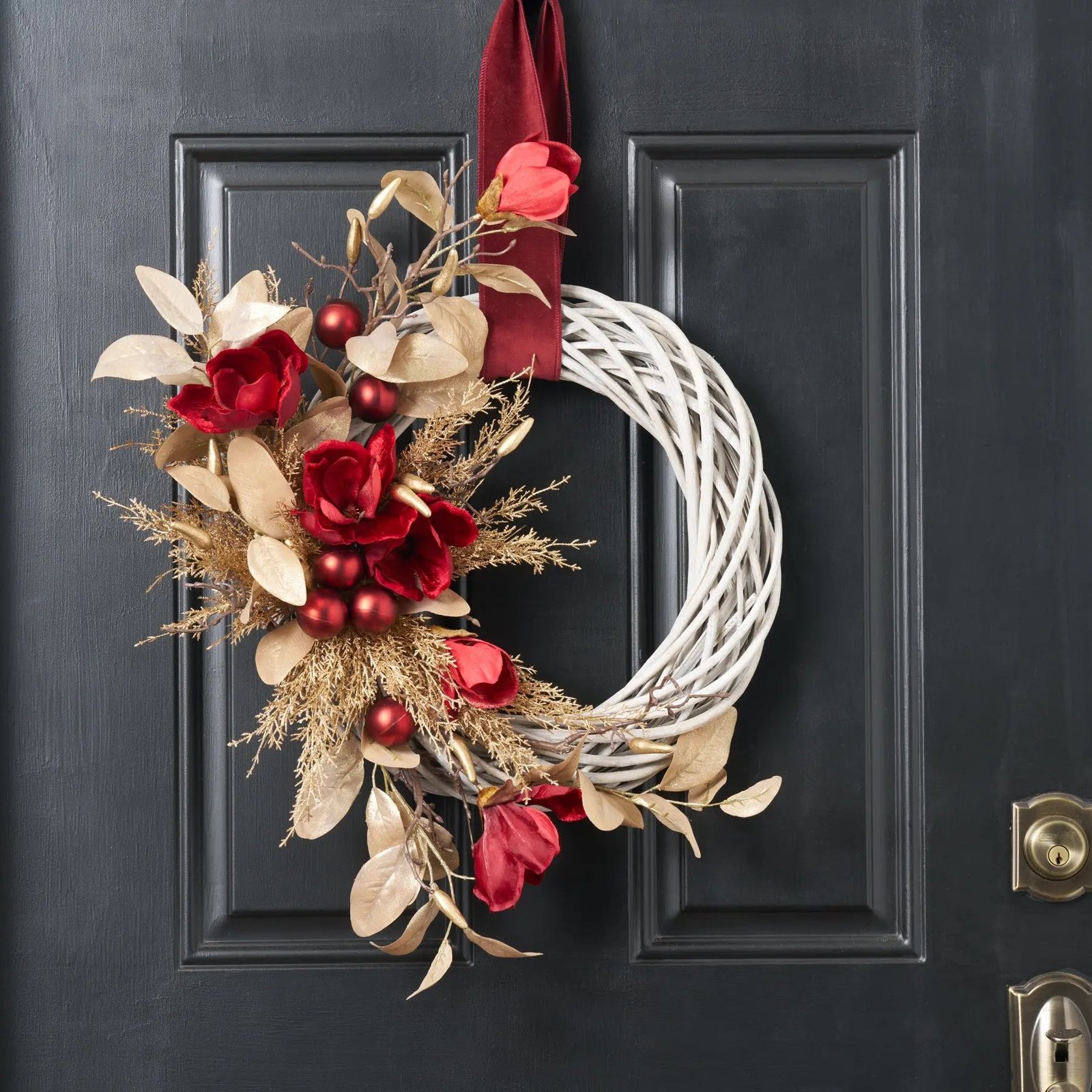 CW1431WineMagnolia_GoldCedarFrontDoorWovenWickerWillowHolidayChristmasAsymmetricalWreathwithVelvetRibbon_3 Wine Magnolia & Gold Cedar Front Door Woven Wicker Willow Holiday Christmas Asymmetrical Wreath with Velvet Ribbon - Image 1