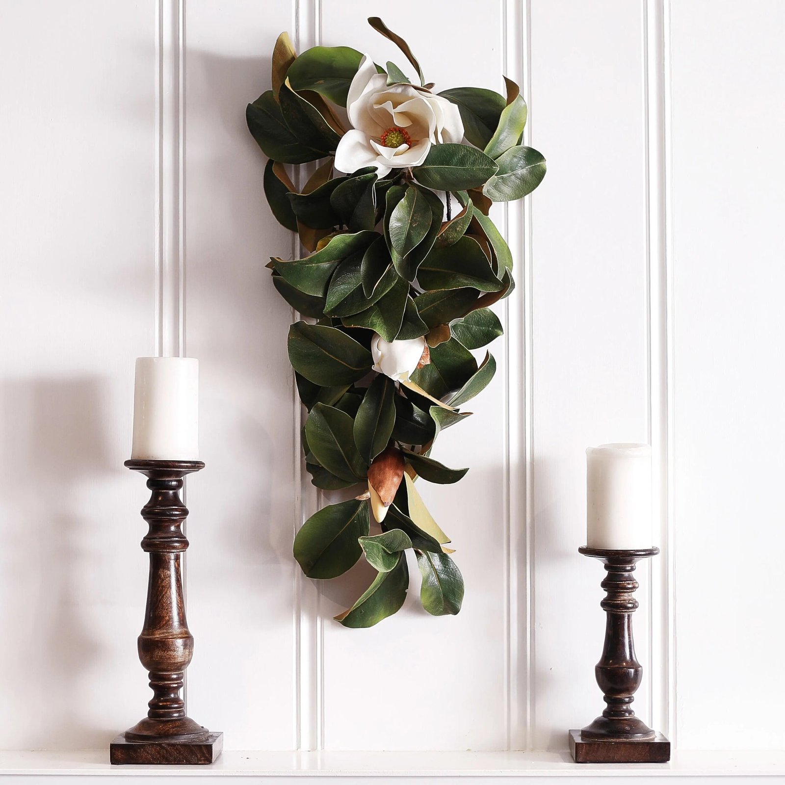 D69A3944 Real Touch White Magnolia All Seasons Teardrop Front Door Swag - Image 1