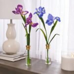 Lifelike Purple Iris Bloom Stems in Tall Gold Rim Bottle Vase Spring Floral Water Illusion Arrangement - Image 5