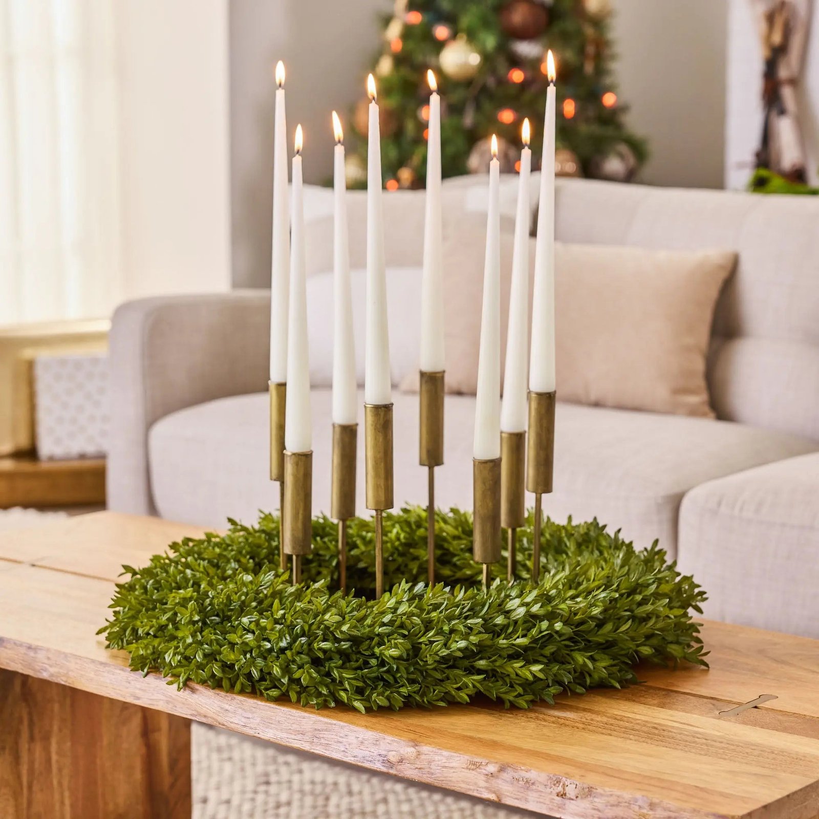 DarbyCreek_Holiday_24_1390_copy_1 Antique Gold Iron Multi Height Taper Holder 8 Candlestick Candelabra Holiday Wreath Decor - Image 1