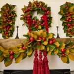 Real Touch Magnolia Leaf & Red Pomegranate Hanging Front Door Christmas Swag Holiday Wall Decor - Image 5