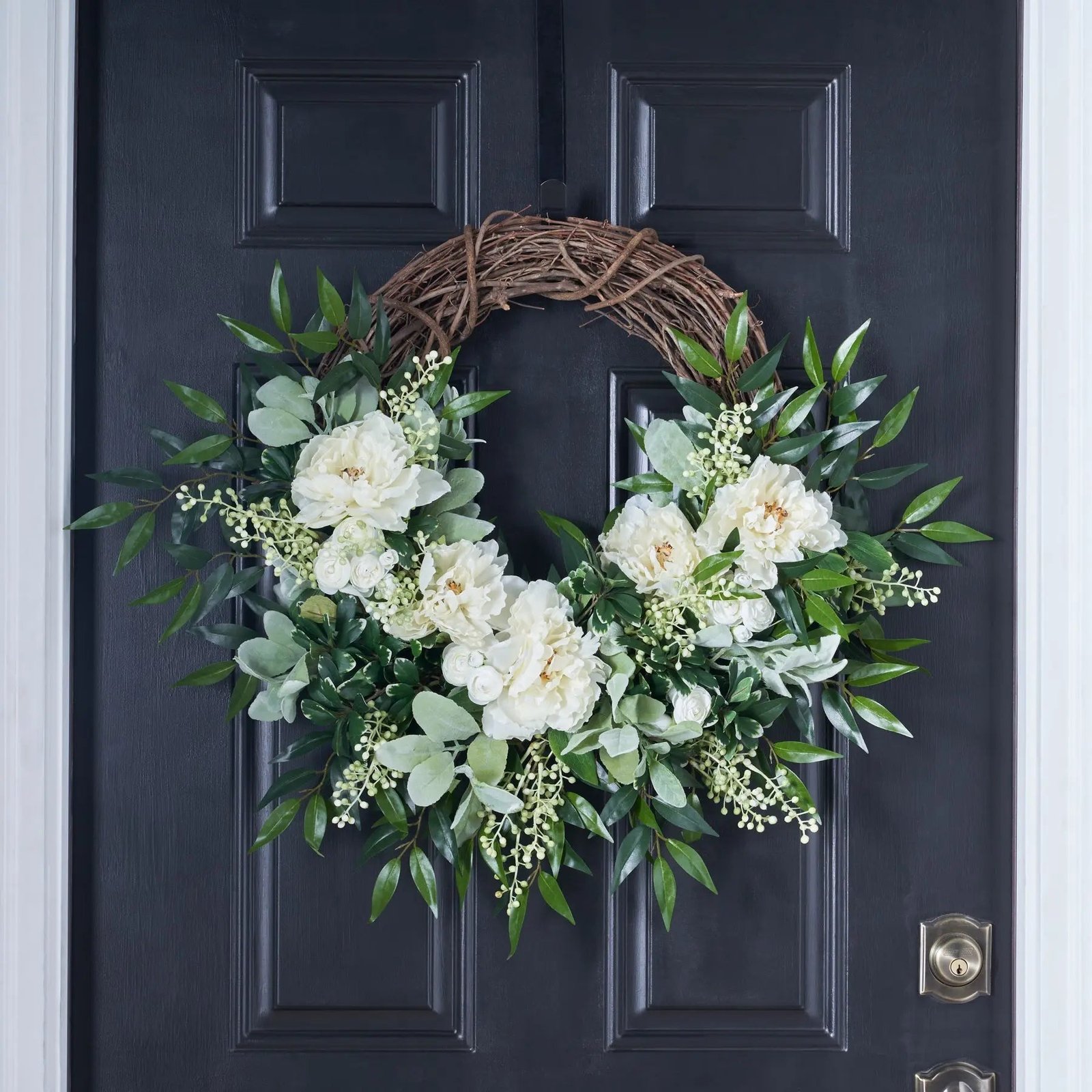 EDW1062WhitePeony_Ranunculus_Lamb_sEar_PepperberryEverydaySpringFrontDoorWreath_2_5057763d-88aa-4dd0-8151-1fa494a3ce0b White Peony, Ranunculus, Lamb's Ear, & Pepperberry Everyday Spring Front Door Wreath - Image 1
