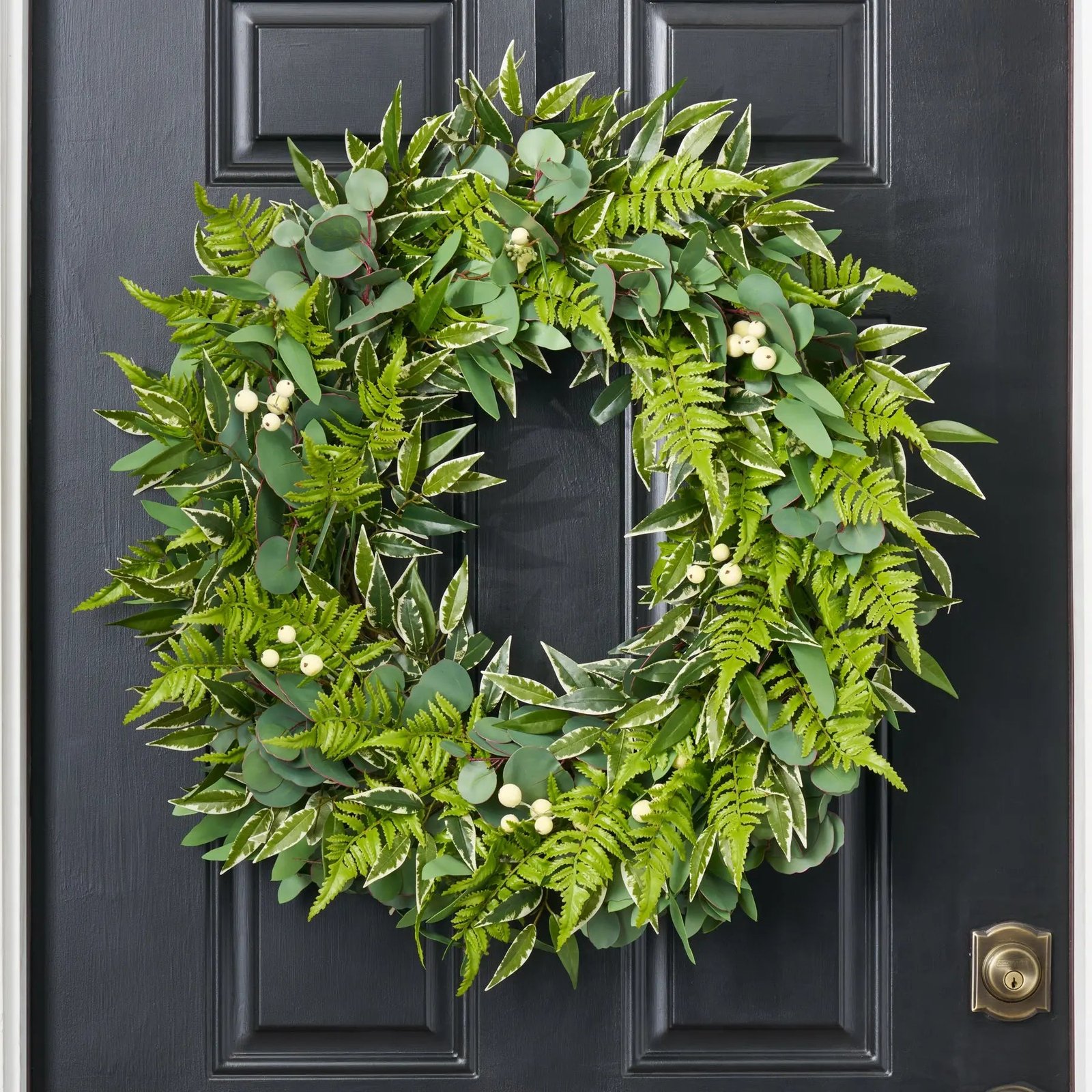 EDW1122RealTouchSilverDollarEucalyptus_VariegatedSmilax_BostonFernEverydayGreeneryFrontDoorWreath_3 Real Touch Silver Dollar Eucalyptus, Variegated Smilax & Boston Fern Everyday Greenery Front Door Wreath - Image 1