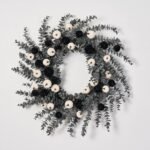 Dark Enchantment - Black & White Velvet Pumpkins with Midnight Eucalyptus Fall Halloween Wreath