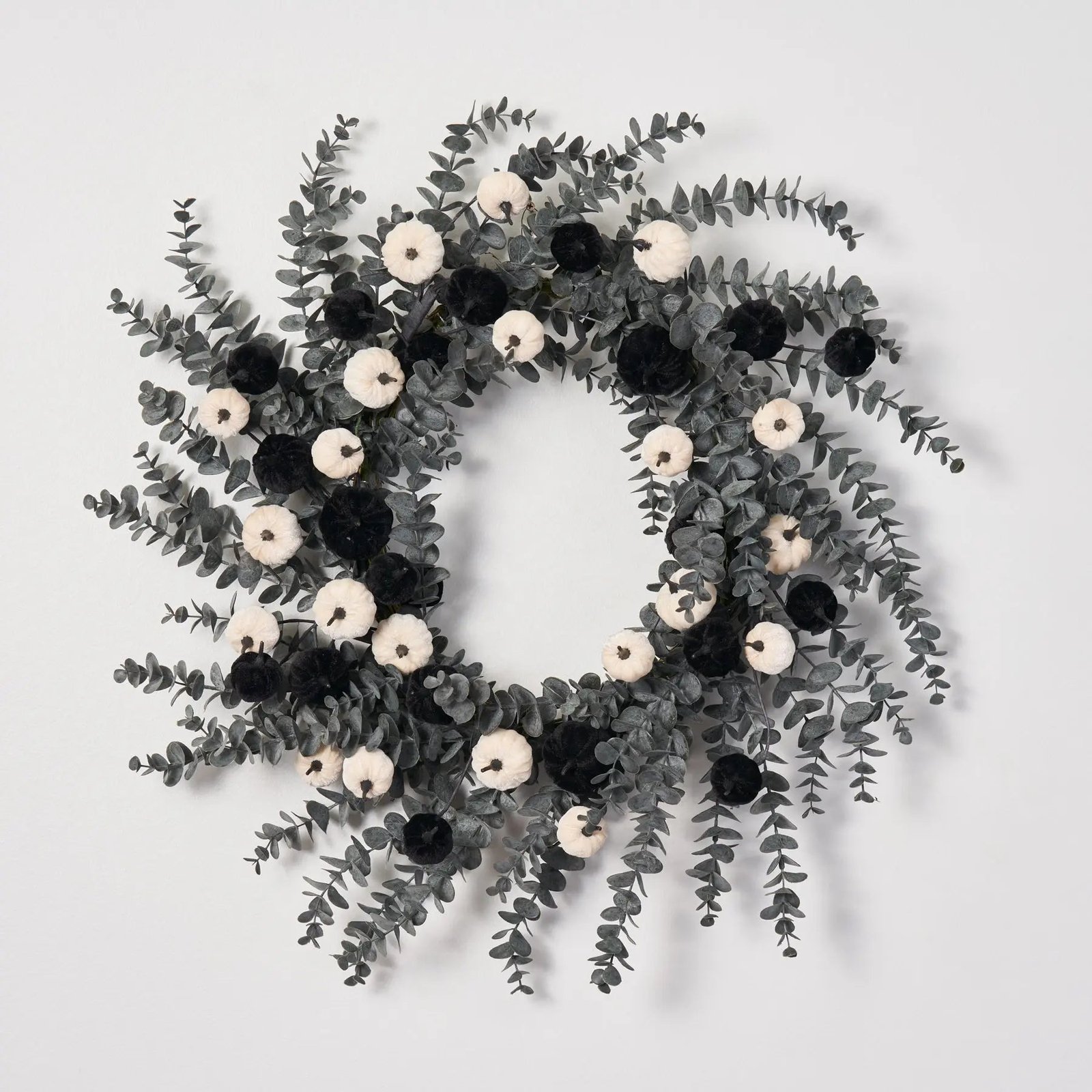 F1298DarkEnchantment-Black_WhiteVelvetPumpkin_MidnightEucalyptusFallHalloween Dark Enchantment - Black & White Velvet Pumpkins with Midnight Eucalyptus Fall Halloween Wreath - Image 1