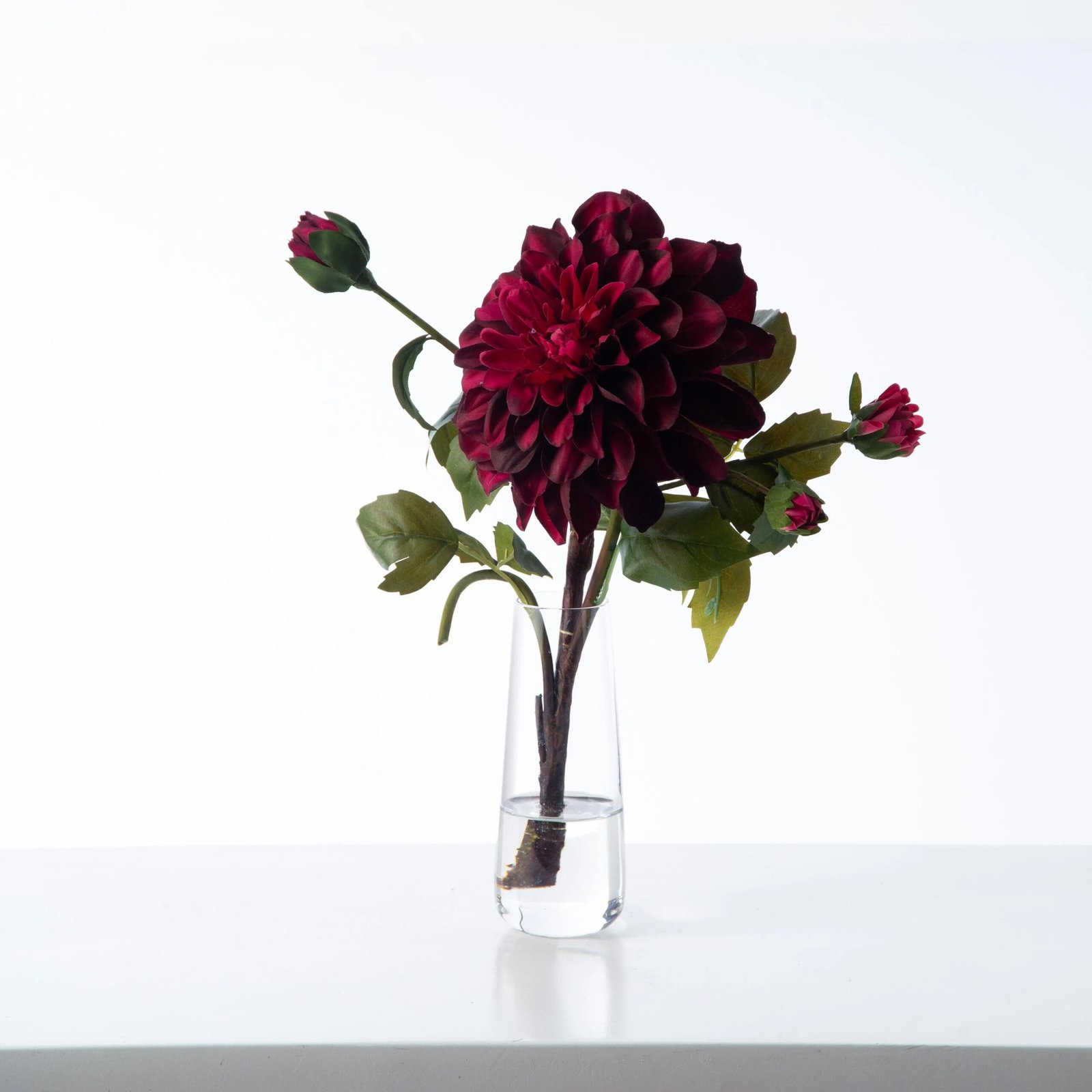 FAR1225DarkBeautyDahliaBloom_BudSteminBudVaseEverydayFauxFloralI Dark Beauty Dahlia Bloom & Bud Stem in Bud Vase Everyday Faux Floral Illusion Water Arrangement - Image 1