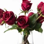 Real Touch Dark Red Burgundy Rose Buds In Teardrop Pyramid Glass Vase Water Illusion All Season Floral Arrangement - Image 2
