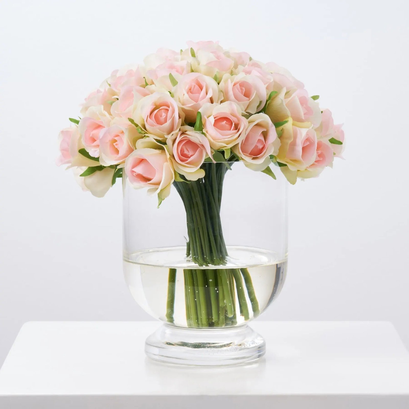 FAR1294MiniPink_GreenSilkRoseArrangementinFootedUrnBowlVase_2 Mini Pink & Green Silk Rose Arrangement in Footed Urn Bowl Vase - Image 1