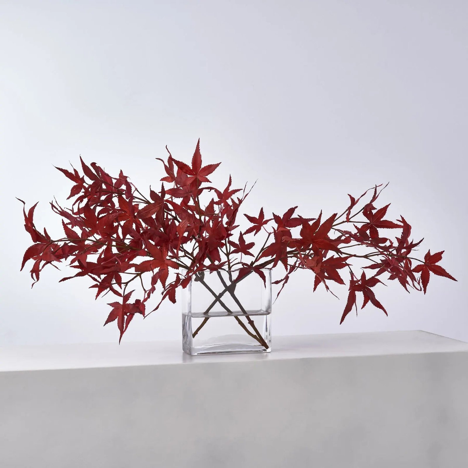 FAR1372LifelikeBurgundyRedAutumnMixVelvetOakLeafBranchesInGla_1 Lifelike Red Japanese Maple Branches in Modern Flat Rectangle Vase Fall Everyday Water Illusion Arrangement - Image 1