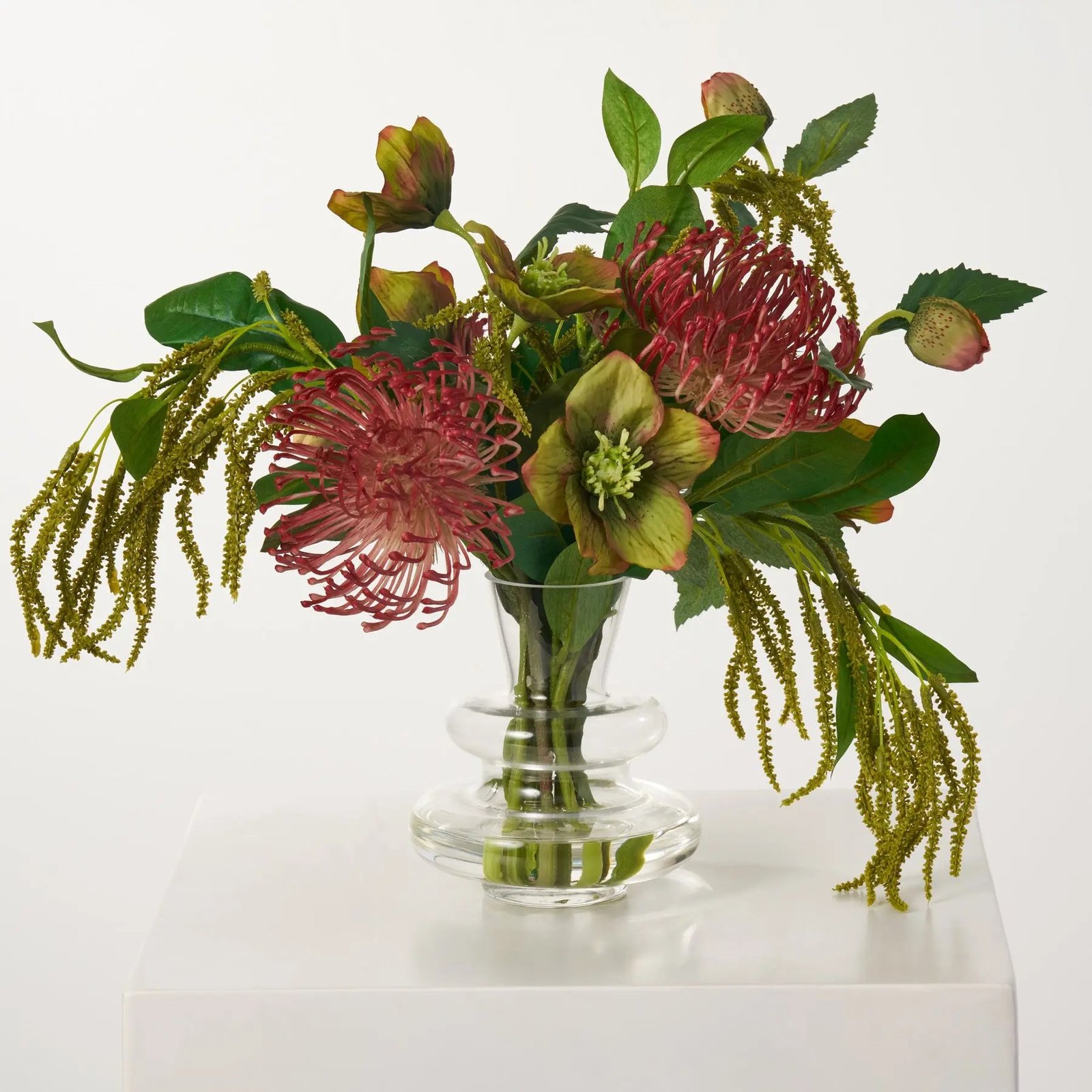 FAR1384JungleBreeze-RedPincushionProtea_GreenHelleborus_AmaranthusEverydayFallFloralA Jungle Breeze - Red Pincushion Protea, Green Helleborus & Amaranthus Everyday Fall Floral Arrangement - Image 1