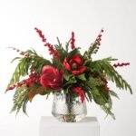 Holiday Elegance - Real Touch Red Magnolia, Norfolk Pine, Cedar and Red Berry In Lux Crystal Cut Vase Centerpiece - Image 4