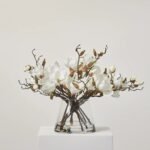 White Magnolia Blooms & Branch Buds in Pyramid Style Vase Everyday Spring Water Illusion