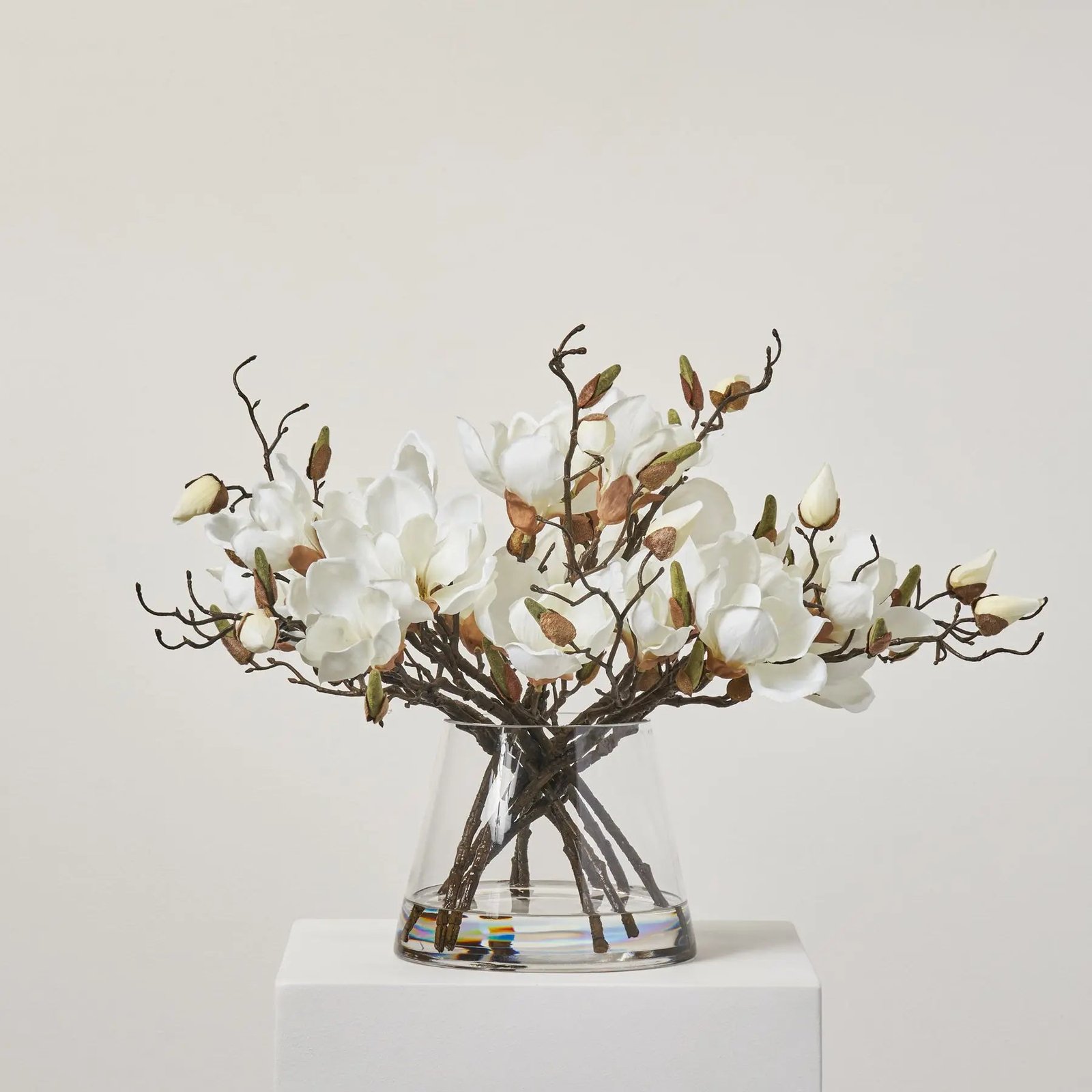 FAR1424WhiteMagnoliaBlooms_BranchBud White Magnolia Blooms & Branch Buds in Pyramid Style Vase Everyday Spring Water Illusion - Image 1