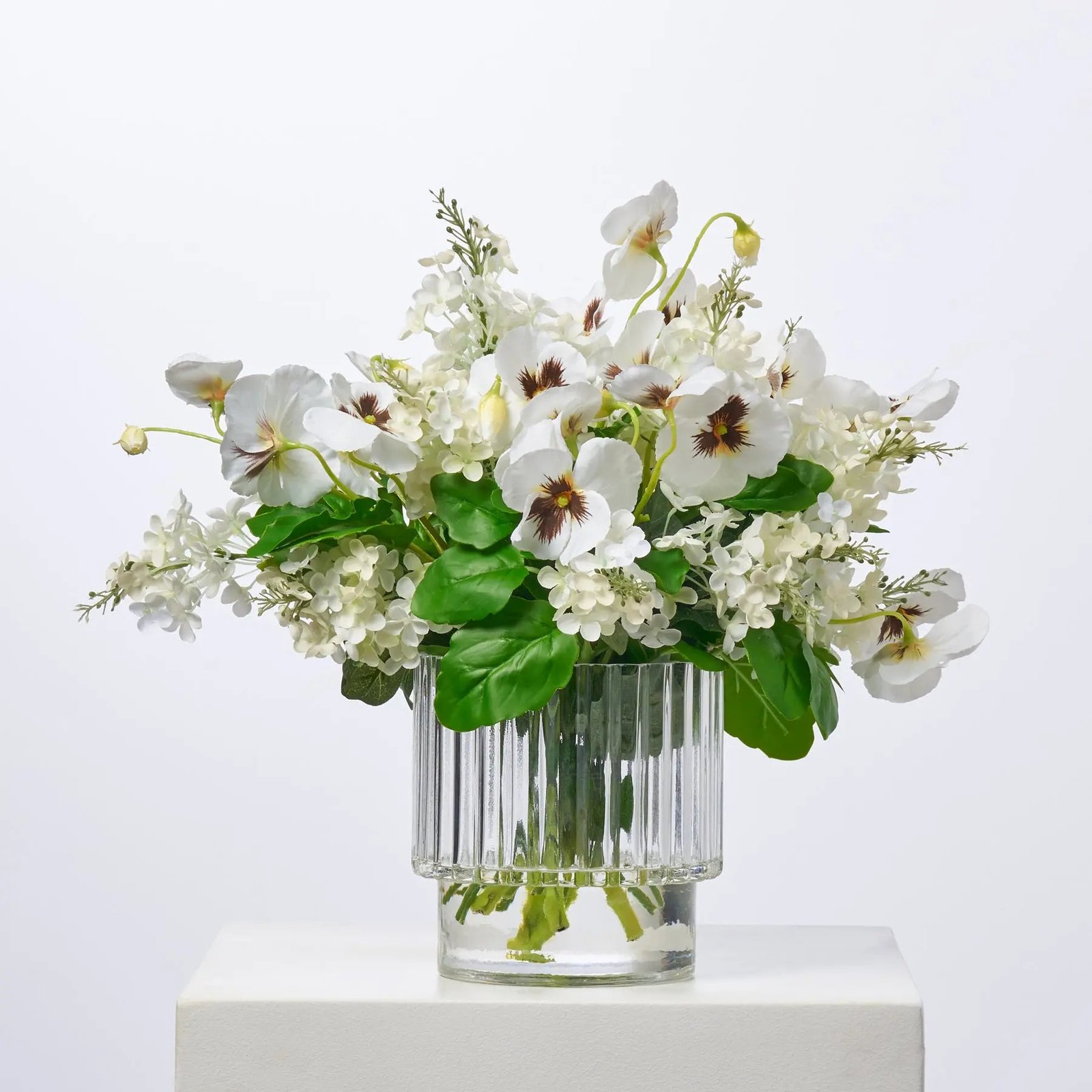 FAR1440AngelicBlooms-WhiteLilac_PansyFloralsinRigidGlass_3 Angelic Blooms - White Lilac & Pansy Florals in Rigid Glass Vase Everyday Spring Water Illusion Arrangement - Image 1