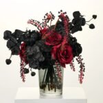 Gothic Romance Noir - Red Queen Rose, Black Magic Orchid, Peony, Hydrangea & Pokesberry Halloween Fall Water Illusion Arrangement