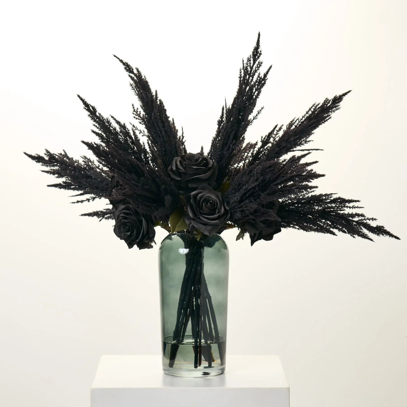 FAR1479NoirEleganxe-MidnightPampasGrass_EternalRoseHalloweenFallWaterIllusionA Noir Elegance - Midnight Pampas Grass & Eternal Rose Halloween Fall Water Illusion Arrangement - Image 1