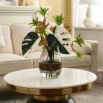 Tropical Muse - Green Albino Monstera Leaf, Dracaena & Succulent in Smoke Wood Vase Everyday Water Illusion Centerpiece Arrangement - Image 4