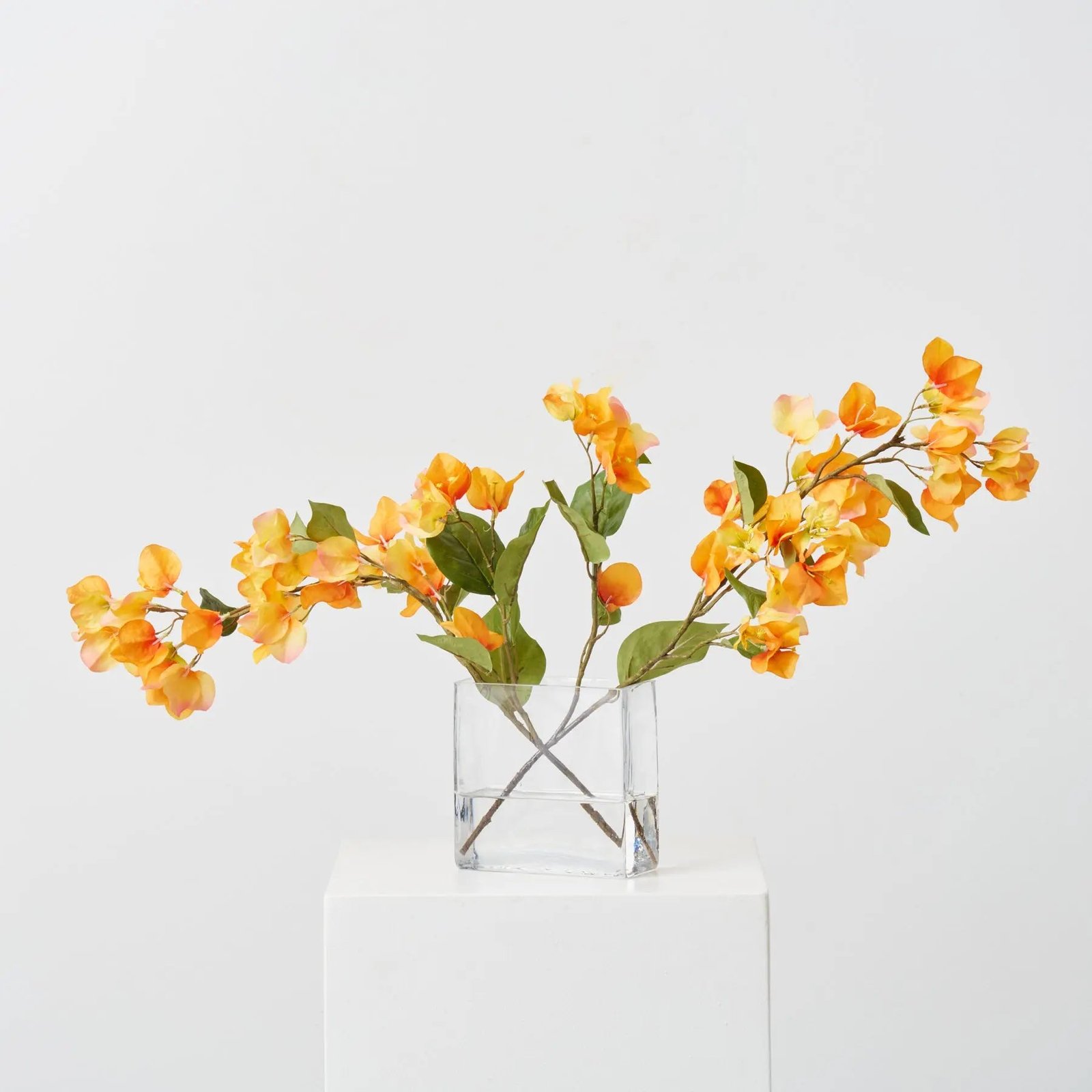 FAR1548LifelikeOrangeSunsetBougainvilleaBranchesinModernRectangularPocketVaseSpringWaterIllusion_1 Lifelike Orange Sunset Bougainvillea Branches in Modern Rectangular Pocket Vase Spring Water Illusion Arrangement - Image 1