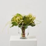 Protea Paradise - Lifelike Green King & Pincushion Proteas in Rounded Footed Vase Everyday Centerpiece Water Illusion Arrangement