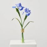 Lifelike Blue Iris Bloom Stems in Tall Gold Rim Bottle Vase Spring Floral Water Illusion Arrangement