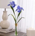 Lifelike Blue Iris Bloom Stems in Tall Gold Rim Bottle Vase Spring Floral Water Illusion Arrangement - Image 3