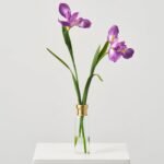 Lifelike Purple Iris Bloom Stems in Tall Gold Rim Bottle Vase Spring Floral Water Illusion Arrangement