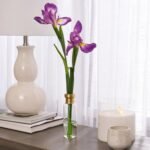 Lifelike Purple Iris Bloom Stems in Tall Gold Rim Bottle Vase Spring Floral Water Illusion Arrangement - Image 3