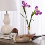 Lifelike Purple Iris Bloom Stems in Tall Gold Rim Bottle Vase Spring Floral Water Illusion Arrangement - Image 4