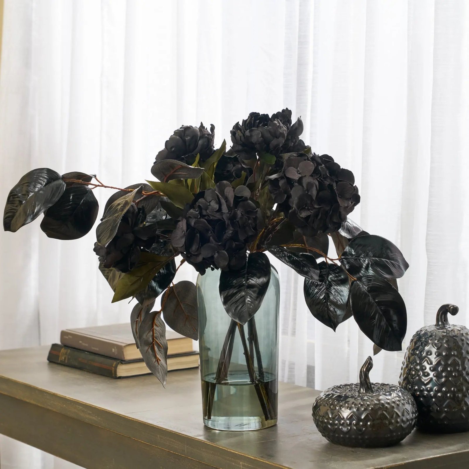 FAR1573NightshadeGarden-LustrousMagnoliaLeafwithBlackMagicPeony_HydrangeaHalloweenFloralWaterIl_3 Nightshade Garden - Lustrous Magnolia Leaf with Black Magic Peony & Hydrangea Halloween Floral Water Illusion Centerpiece Arrangement - Image 1