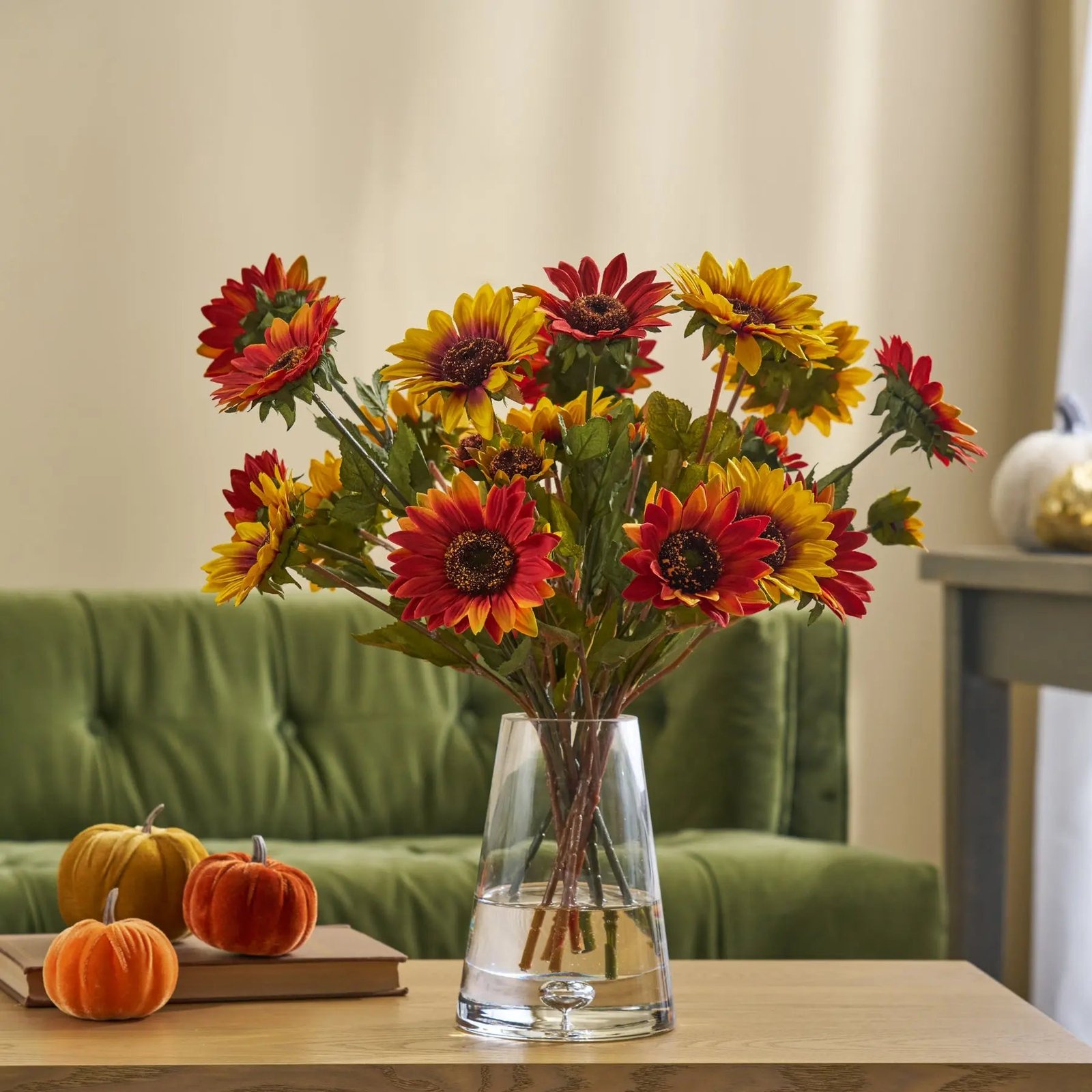 FAR1575SunflowerSpectacle-Golden_RustOrangeMixedMiniSunflowerBloomsinPyramidVaseFallWaterIllus_3 Sunflower Spectacle - Golden & Rust Orange Mixed Mini Sunflower Blooms in Pyramid Vase Fall Water Illusion - Image 1