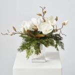 Lifelike Cedar, Magnolia Leaf Bloom Branch in Square Crystal Cut Cube Vase Christmas Holiday Centerpiece Water Illusion Arrangement - Image 4