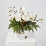 Lifelike Cedar, Magnolia Leaf Bloom Branch in Square Crystal Cut Cube Vase Christmas Holiday Centerpiece Water Illusion Arrangement