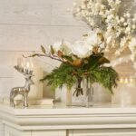 Lifelike Cedar, Magnolia Leaf Bloom Branch in Square Crystal Cut Cube Vase Christmas Holiday Centerpiece Water Illusion Arrangement - Image 3