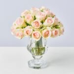 Lifelike Mini Blush Pink Juliette Rosebud Pave Arrangement in Beveled Glass Mini Urn Vase Everyday Faux Floral Water Illusion