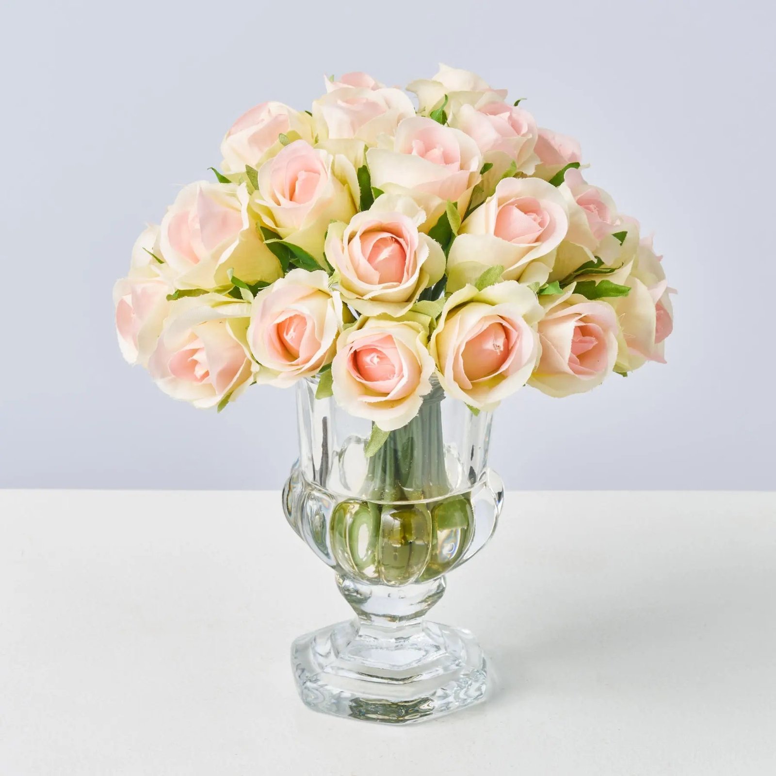 FAR1620LifelikeMiniBlushPinkJulietteRosebudPaveArrangementinBeveledGlassMiniUrnVaseEverydayFauxFloralWat_1 Lifelike Mini Blush Pink Juliette Rosebud Pave Arrangement in Beveled Glass Mini Urn Vase Everyday Faux Floral Water Illusion - Image 1