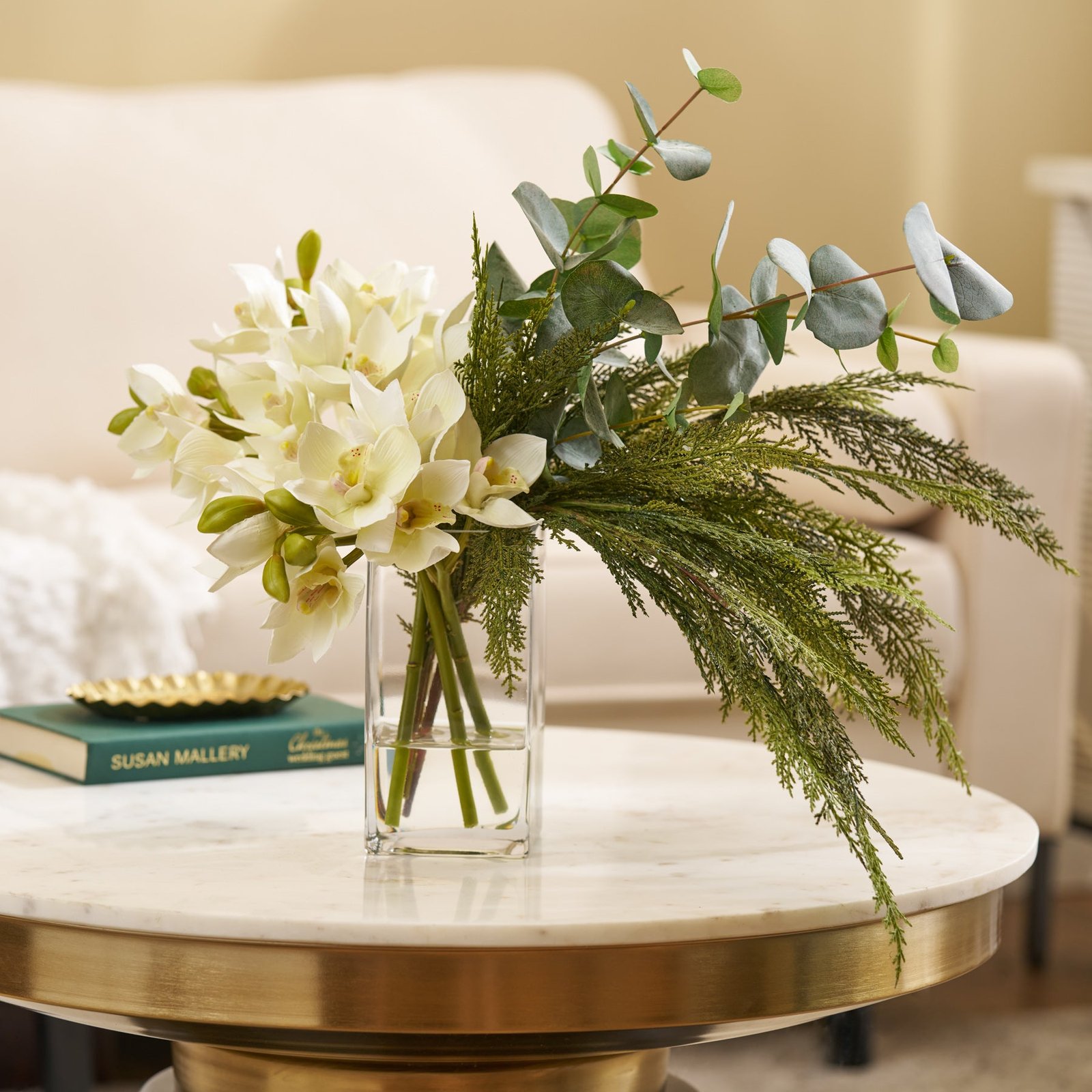 FAR1683Lifestyle The Christmas Orchid - Cream Cymbidium Blooms, Real Touch Cedar & Botanical Eucalyptus Holiday Water Illusion Centerpiece Arrangement - Image 1