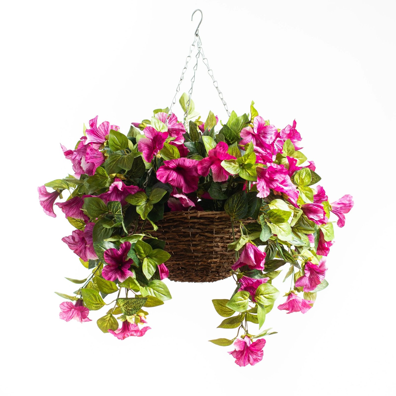 FDS1037-MagentaPetuniaArtificialPlantinRoundGrapevineHangingBasket_c6423ea4-d945-4a2f-8c28-dce1d756b0fc Cascading Magenta Petunia Artificial Plant in Round Rattan Hanging Basket - Image 1