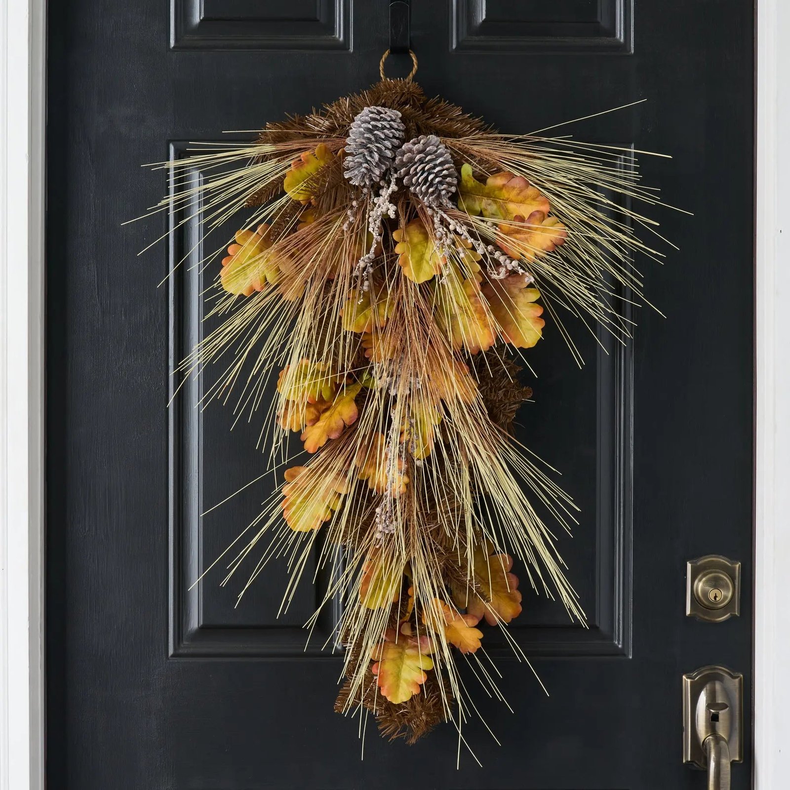 FDS130BleachedWheatGrass_Pinecone_AutumnOakLeafFallFrontDoorSwag_2 Bleached Wheat Grass, Pinecone & Autumn Oak Leaf Fall Front Door Swag - Image 1