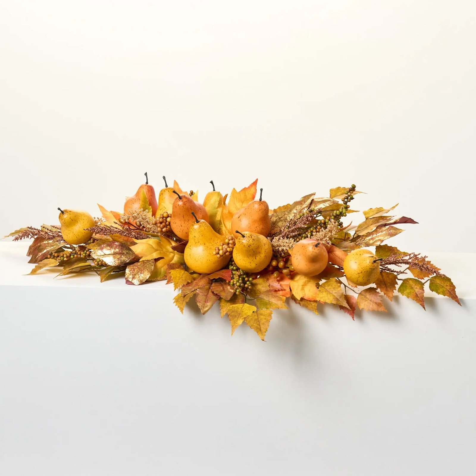 FDS132GoldenYellowPear_Birch_MapleLeafFlatCenterpieceArrangementDecorativeFallSwa Golden Yellow Pear, Birch & Maple Leaf Flat Centerpiece Arrangement Decorative Fall Swag - Image 1