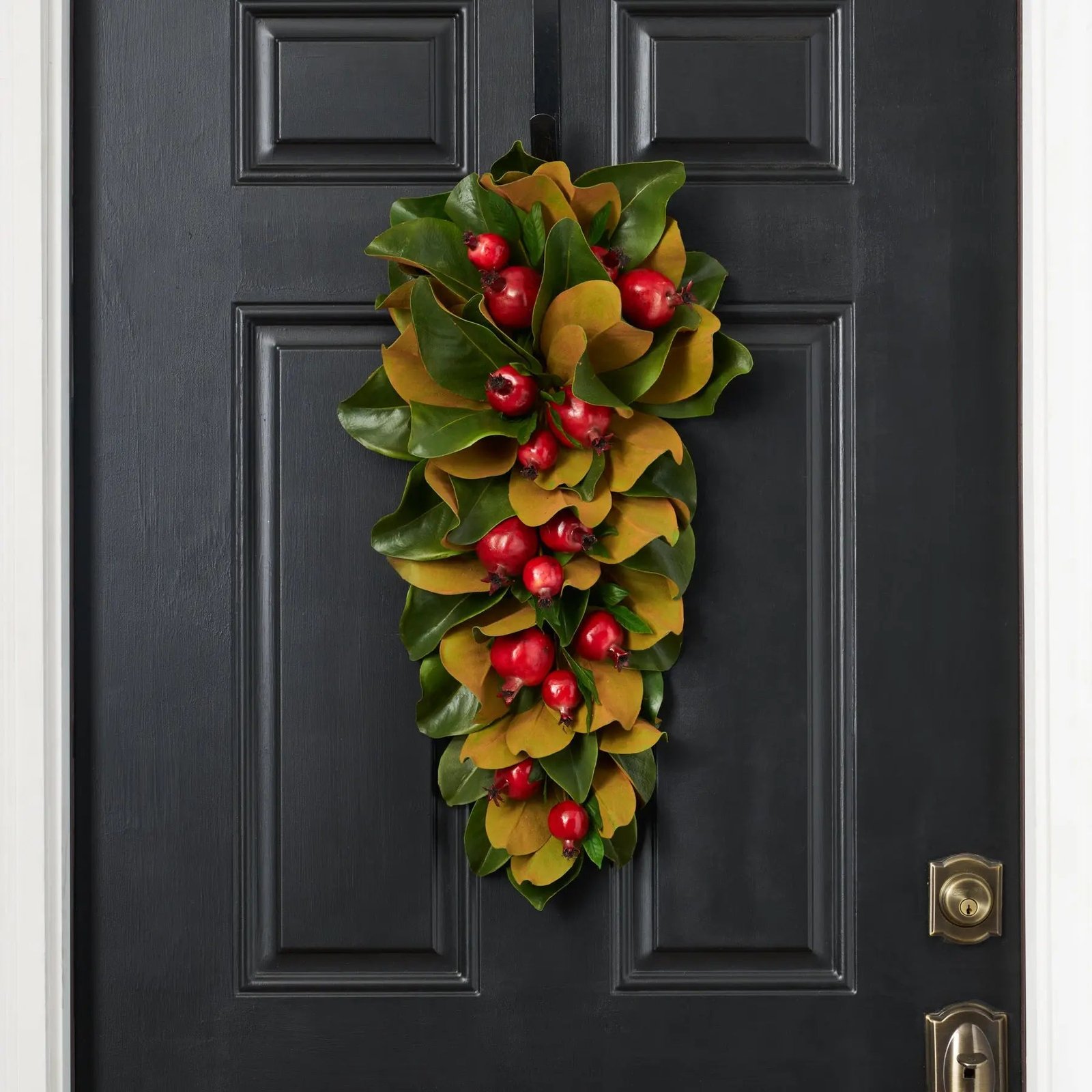 FDS136RealTouchMagnoliaLeaf_RedPomegranateHangingFrontDoorChristmasSwagHolidayWallDecor_2 Real Touch Magnolia Leaf & Red Pomegranate Hanging Front Door Christmas Swag Holiday Wall Decor - Image 1