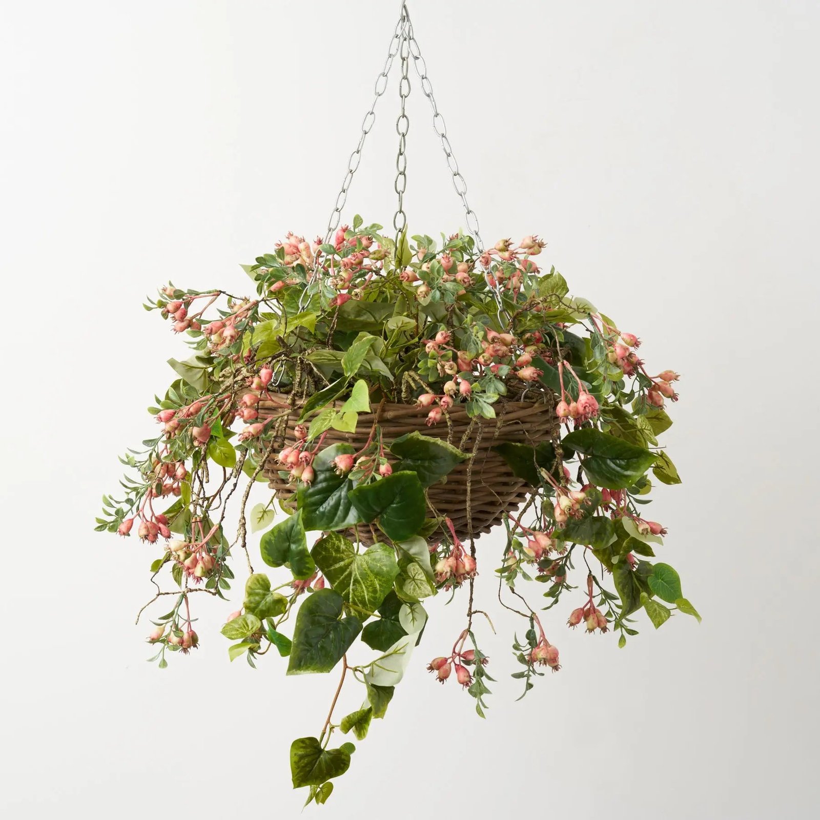 FDS152PinkRosehip_PotatoLeafSpringSummerFauxHangingBasket_1 Pink Rosehip Berry & Green Pothos Leaf Spring Summer Faux Hanging Basket - Image 1