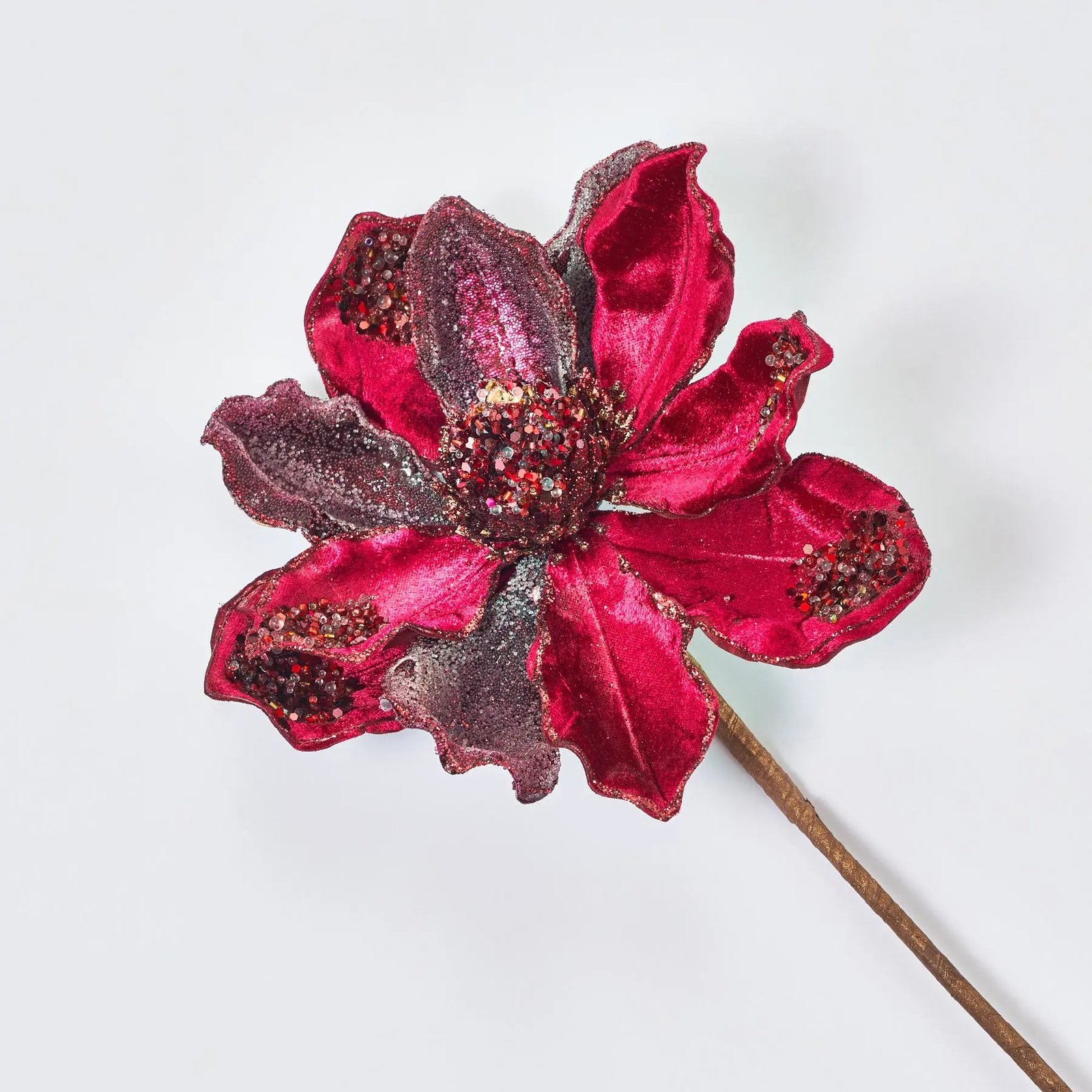FLWSTM1162BurgundyRedBeaded_SequinedAdornedMagnoliaBloomFauxF_1 Burgundy Red Beaded & Sequined Adorned Magnolia Bloom Faux Floral Stem - 19 - Image 1