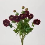 Blooming Dark Burgundy Persian Buttercup Ranunculus Bush Faux Floral Stem Bouquet - 19