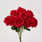 Deep Red Silk Rose Bloom Bush Spray Faux Floral Stem Bouquet - 18