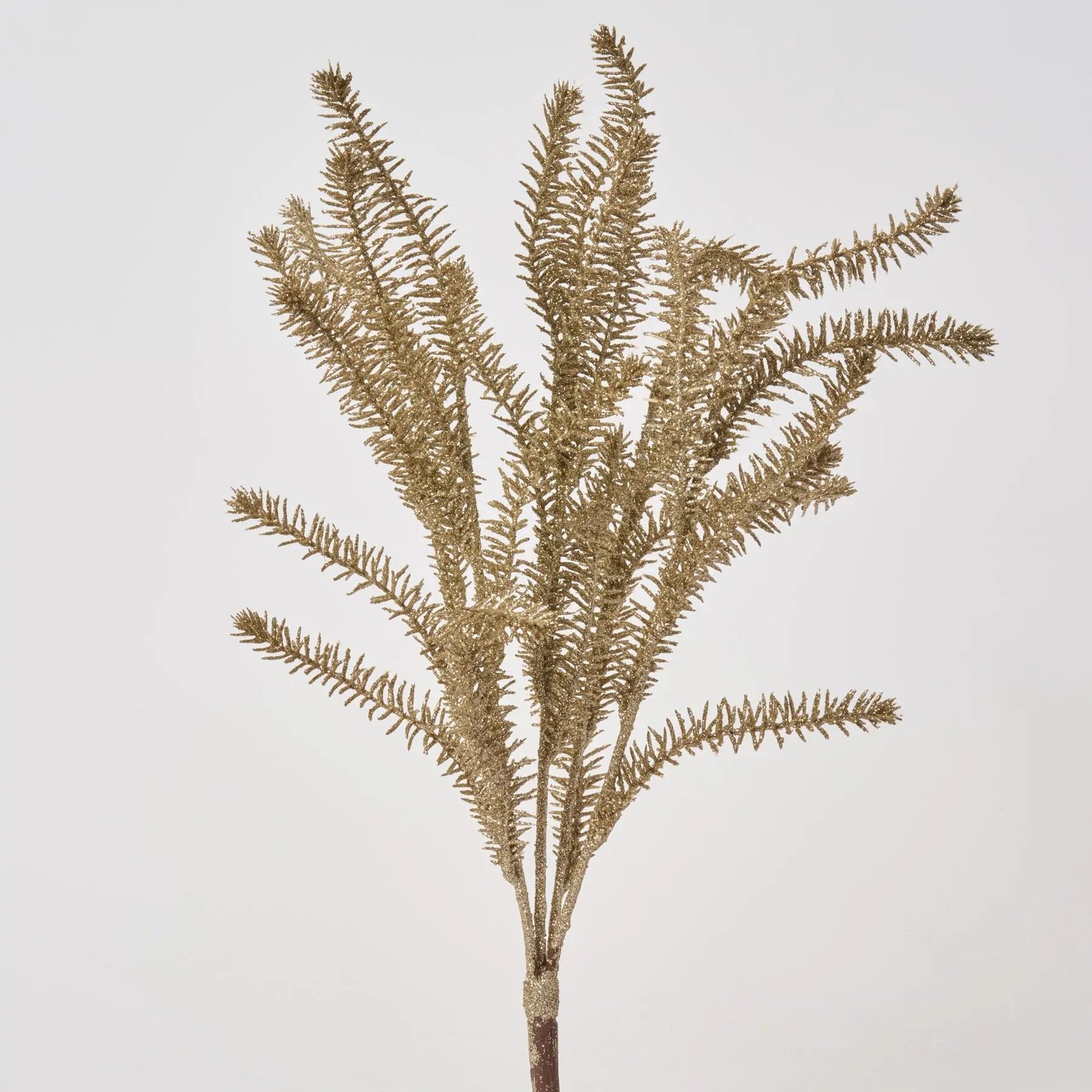FLWSTM3107GlitterFlockedPineBushStemSpray-19_2 Glitter Flocked Gold Brass Pine Bush Spray - 19 - Image 1