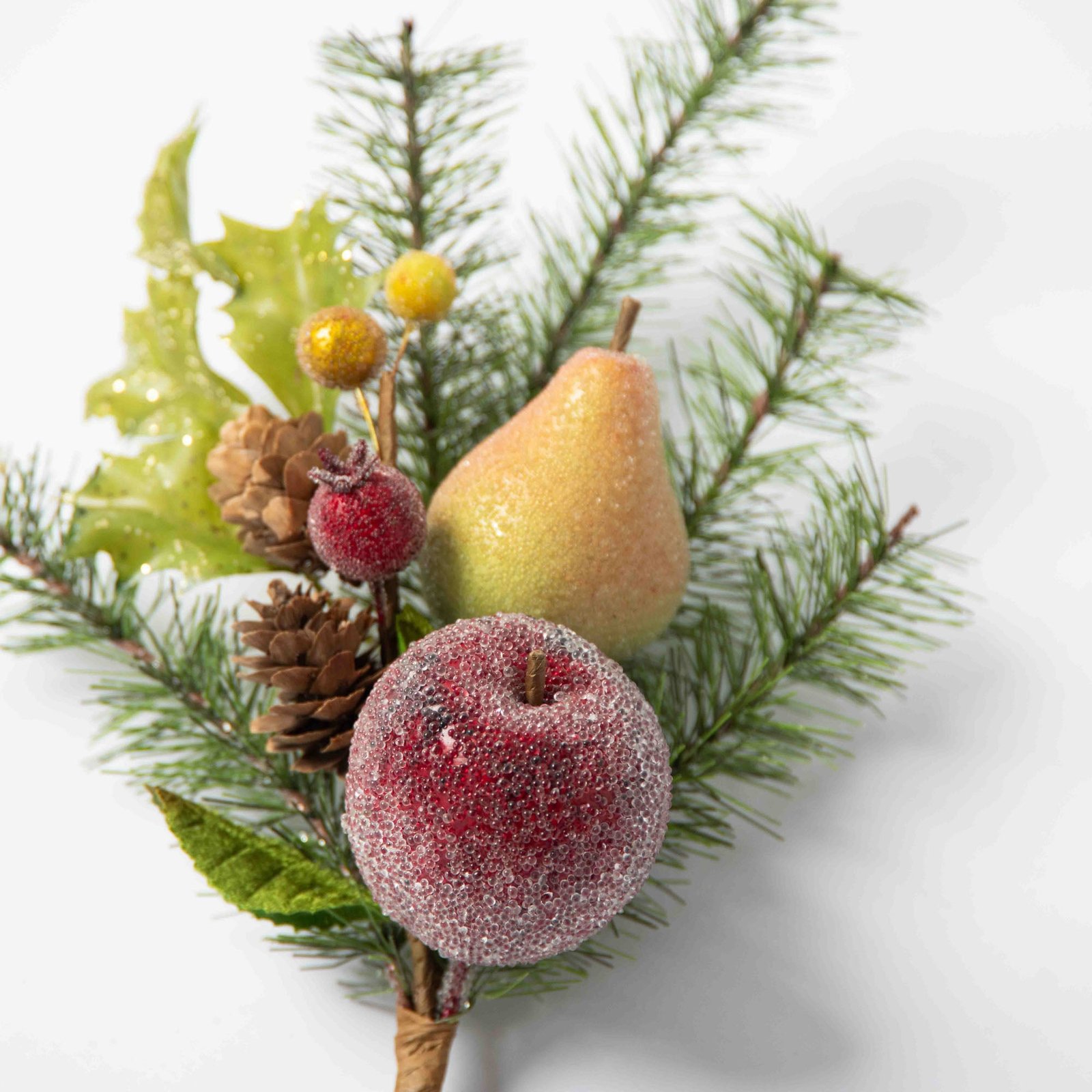 FRUSTM0012-DELLA-APPLBeadedDellaRobbiaSugarPineFruitP Beaded Della Robbia Sugar Fruit Apple, Pear, Pomegranate, Berry & Pine Pick Set of 2 - Image 1