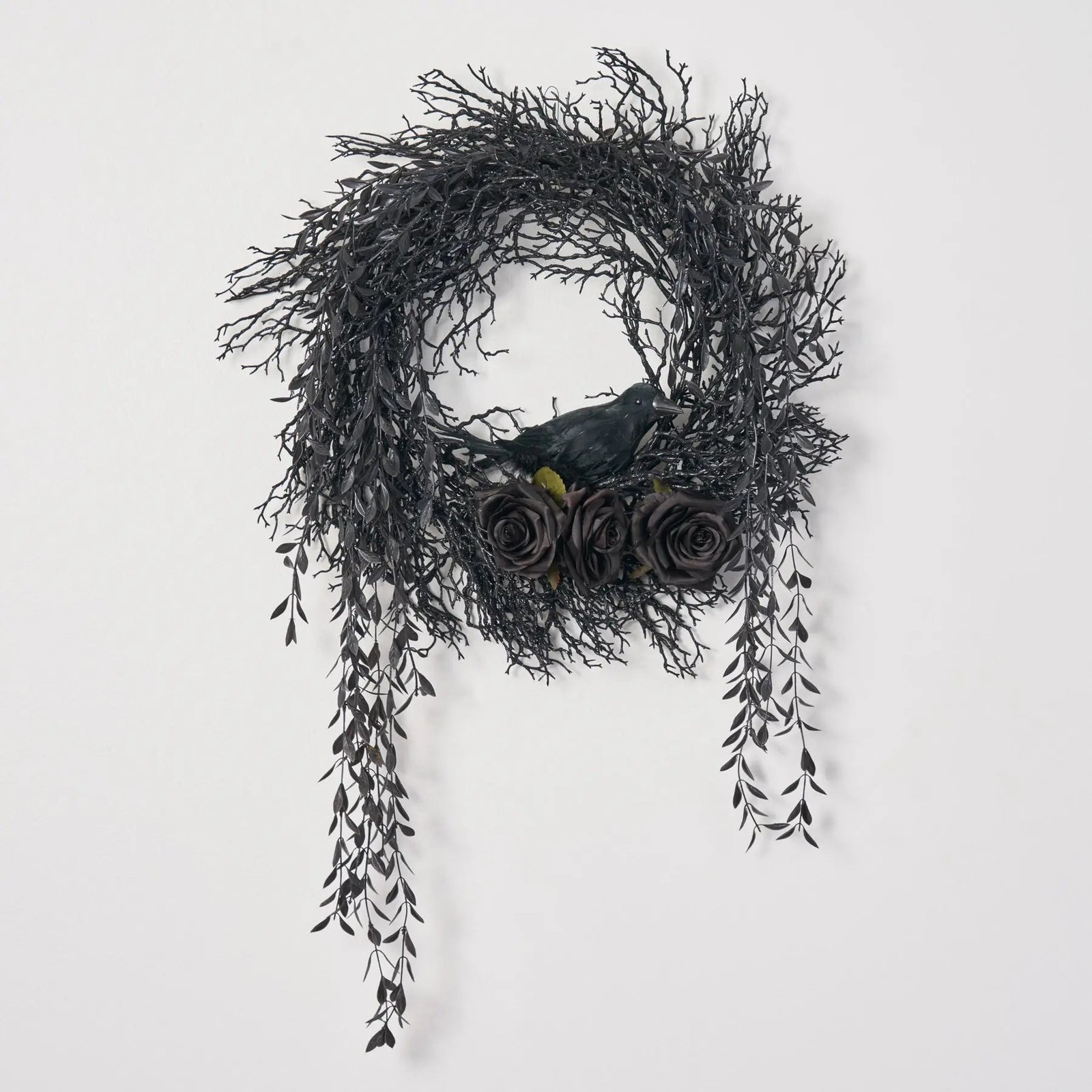 FW1299TheNevermore-FeatheredRavenBird_BlackMagic_GildedBranchHalloweenWreath_3 The Nevermore - Feathered Raven Bird, Black Magic & Gilded Branch Halloween Wreath - Image 1