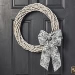 White Washed Wicker Willow Wreath with Black & Grey Canvas Spiderweb Halloween Bow