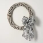 White Washed Wicker Willow Wreath with Black & Grey Canvas Spiderweb Halloween Bow - Image 3