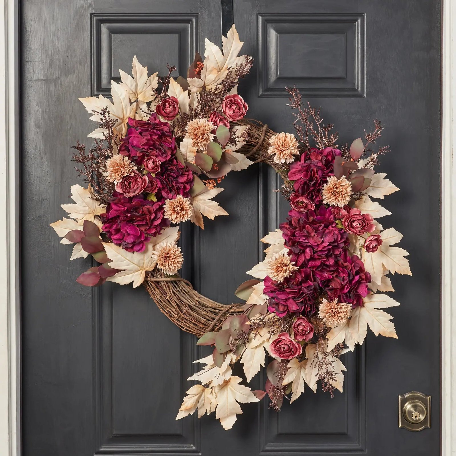 FW1319AutumnRomance-HarvestHydrangea_MauveRanunculus_SeededEucalyptusFallFrontDoorWreath_3 Autumn Romance - Harvest Hydrangea, Mauve Ranunculus, Seeded Eucalyptus Fall Front Door Wreath - Image 1